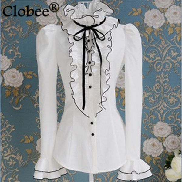 Batas e Blusas printemps et automne blanc à volants ruban noir noeud bulle chemise à manches longues haut élégant blouses chemise CD71 240126