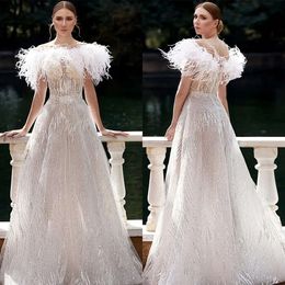 Bateau Feather jurken off bruiloft glamoureuze a-line schouderapplicaties vloerlengte op maat gemaakte ritsjurk plus size bruidsjurk vestidos de novia