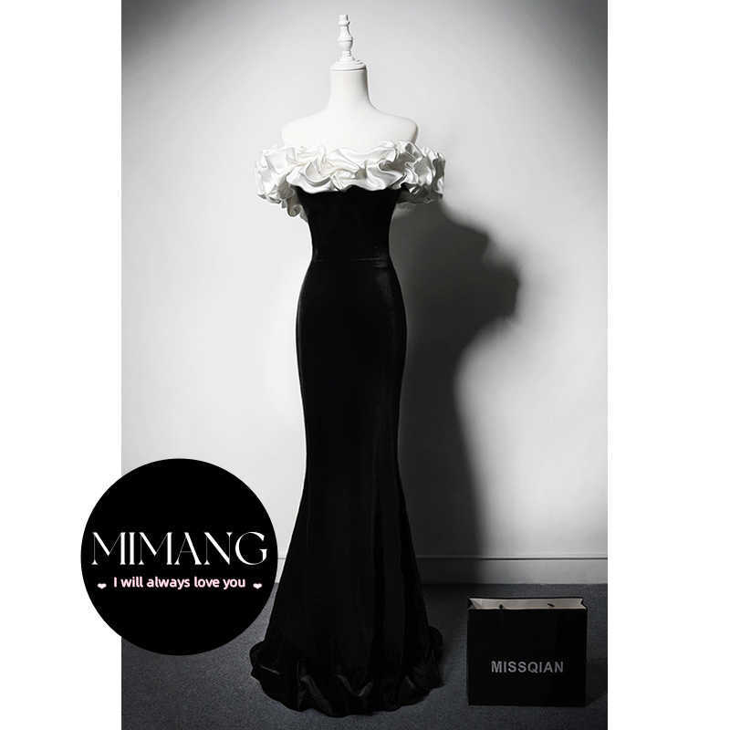 Bateau minimalist fit Evening Dress Party Dress white satin black velvet long dress for women