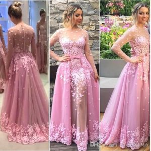 Roze Sheer Jewel Prom Dress Kant Applique Illusion Lange Mouwen Overdekte Button Vloer Lengte Feestjurk 2017 Charmante Organza Avondjurk