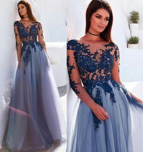 Bateau -halslijn lange mouwen aline avondjurken met kanten appliques doorzien door blauwe prom -jurk Vestidos de Formatura3604388