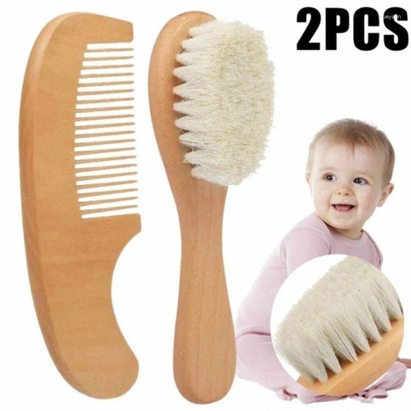 Ensemble d'accessoires de bain 2 pièces, brosse à cheveux en laine douce en bois naturel, peigne masseur de tête pour nourrissons, Kit de nettoyage Portable pour enfants, accessoires de douche