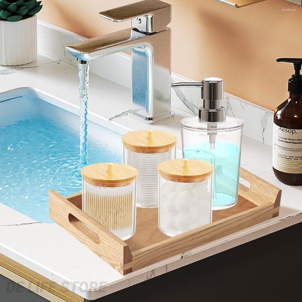 Ensemble d'accessoires de bain en bambou, accessoires de salle de bains, distributeur de savon liquide, support pour tampons en coton, pot organisateur en acrylique, 4 pièces