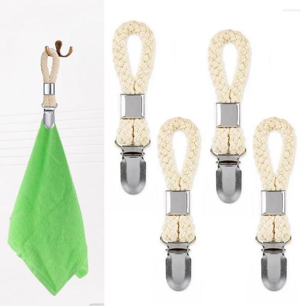 Juego de accesorios de baño, 4 Uds., Clip de toalla de lazo de algodón trenzado con abrazadera de Metal, colgador de tela multiusos para el hogar, baño, cocina