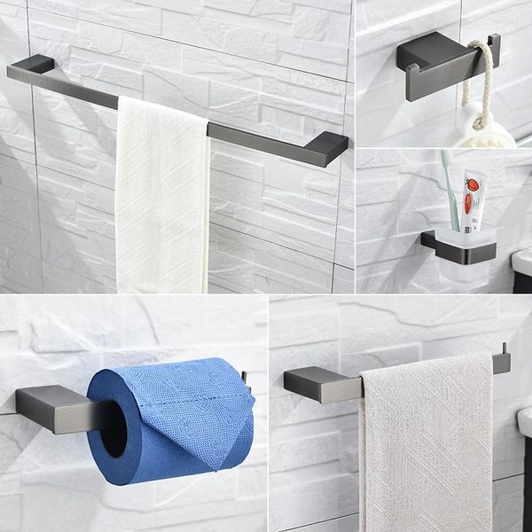 Ensemble d'accessoires de bain 5 pièces gris salle de bain en acier inoxydable carré fixé au mur - comprend un porte-serviettes à main support de papier toilette porte-brosse à dents