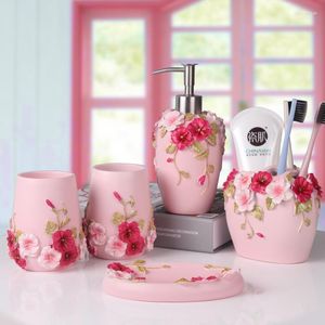 Badaccessoire set 5 -stks badkamer hars wassen toilet accessoires kit roze woning decoratie huis gereedschap tandenborstel houder zeepkast