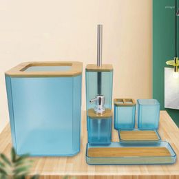 Ensemble d'accessoires de bain 7 pièces accessoires de salle de bain en bambou Kit en plastique distributeur de savon brosse à dents tasse plat porte-brosse de toilette poubelle