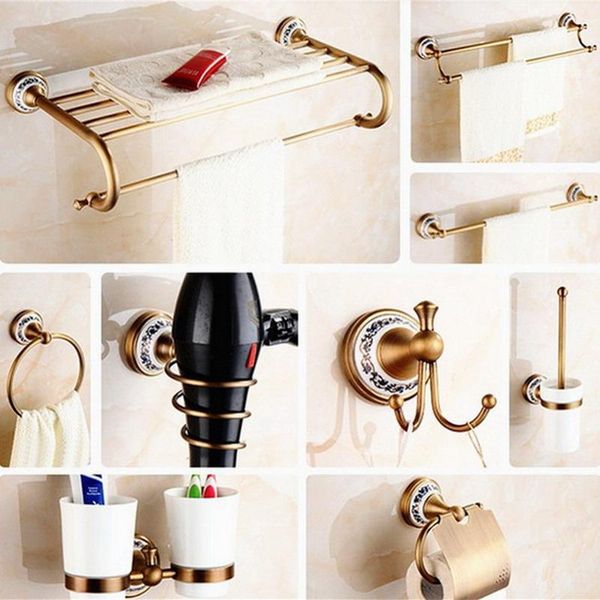 Juego de accesorios de baño, Base de cerámica de latón antiguo, accesorios de baño, gancho para bata, soporte de papel, barra de toalla, cesta de jabón, Hardware Kxz007Bath