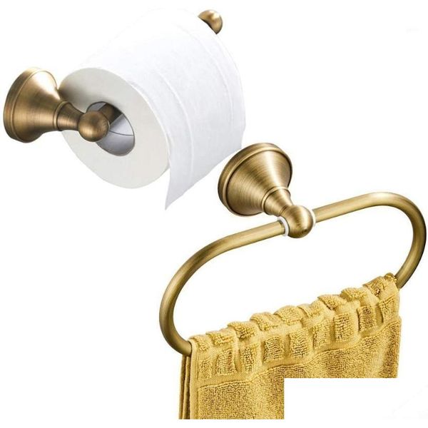 Ensemble d'accessoires de bain Ensemble d'accessoires de bain Impeu Porte-papier toilette et anneau de serviette mural en laiton antique bronze brossé maison jardin B Dhbtd