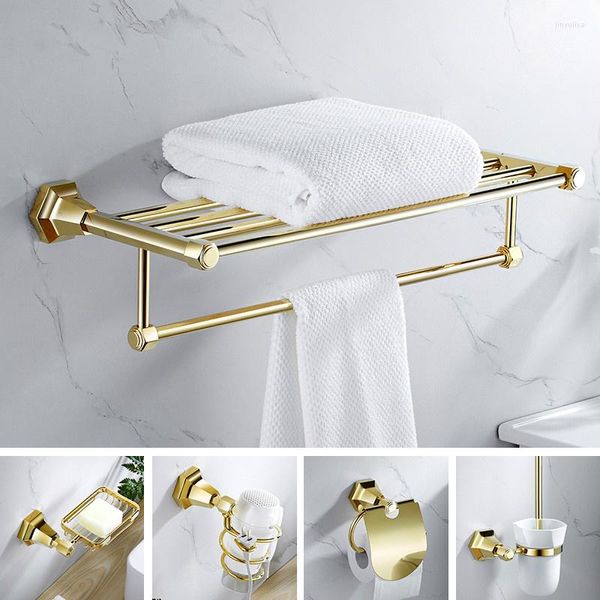 Juego de accesorios de baño Accesorio de baño Anillo de toalla de latón dorado/Papel de estante/Cepillo de baño/Soporte para secador de pelo Gancho Coner Estante Jabonera Hardware