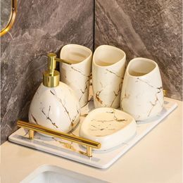 Badaccessoire Set badkamer accessoires keramische tandpasta dispenser cup tandenborstel houder zeep schotel Noordse platina marmeren textuur