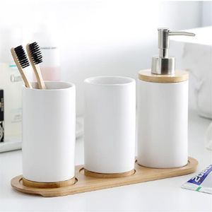 Bad Accessoire Set Badkamer Accessoires Keramische Zeepdispenser Mondwater Cup Tandenpoetsen Met Bamboe Lade Afwasmiddel Co234Q