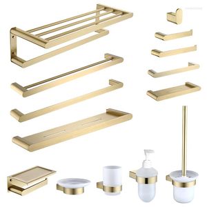 Bath Accessory Set Bathroom Accessories Hardware Brushed Gold Robe Hook Towel Rail Bar Rack Toilet Brush Tissue Paper Holder Soap Dish Shelf