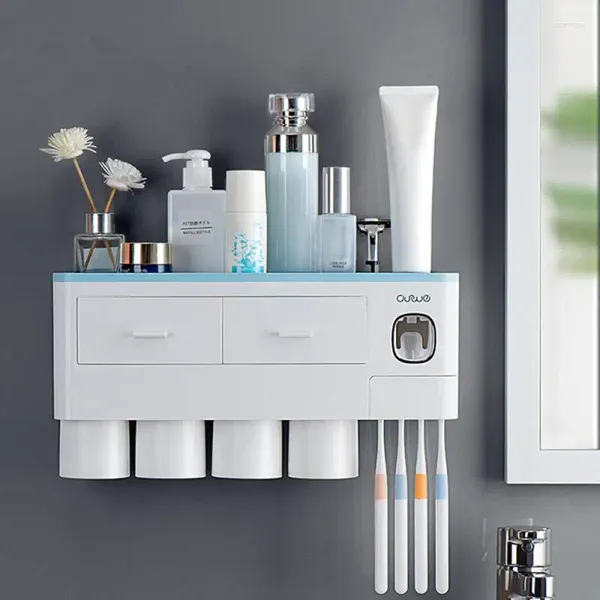 Ensemble d'accessoires de bain Accessoires de salle de bain Porte-brosse à dents à adsorption magnétique Distributeur automatique de dentifrice avec rangement mural pour tasse