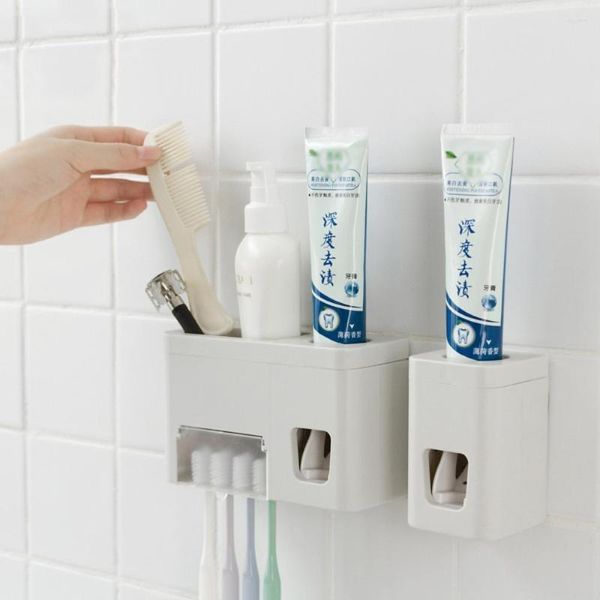 Juego de accesorios de baño, accesorios de baño, dispensador de crema Dental montado en la pared, soporte de perforación gratis, exprimidor de pasta de dientes