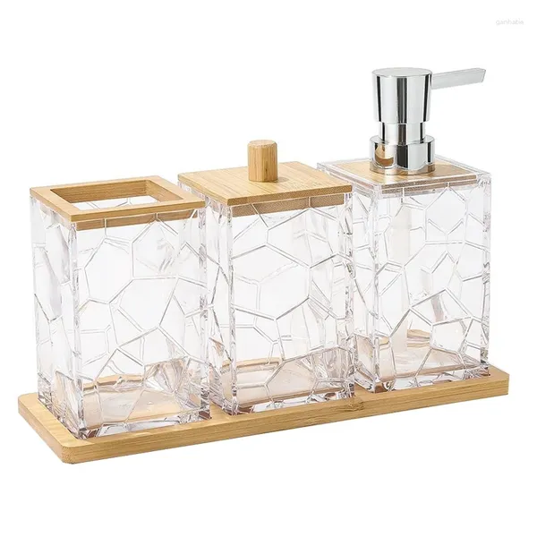 Accessoires de bain Ensemble accessoires de salle de bain avec plateau en bambou Savon Dispensateur Brosse à dents Coton Wab Box acrylique Clear