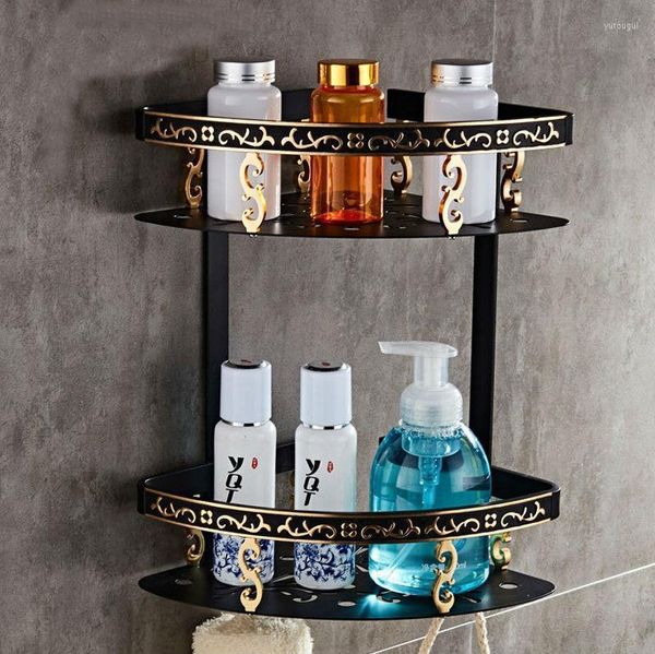 Ensemble d'accessoires de bain, étagère noire de salle de bains avec barre à serviettes, étagères d'angle en aluminium, crochet porte-shampooing, rangement de cuisine