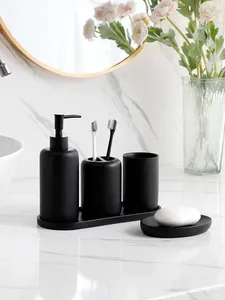 Ensemble d'accessoires de bain noir, avec porte-brosse à dents, gobelet, distributeur de savon, plat et plateau