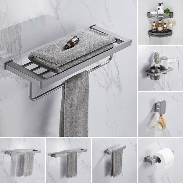 Ensemble d'accessoires de bain Accessoires de quincaillerie de salle de bain Porte-serviettes Porte-papier Bar Étagère d'angle Brosse de toilette Crochet pour robe Pistolet Gris