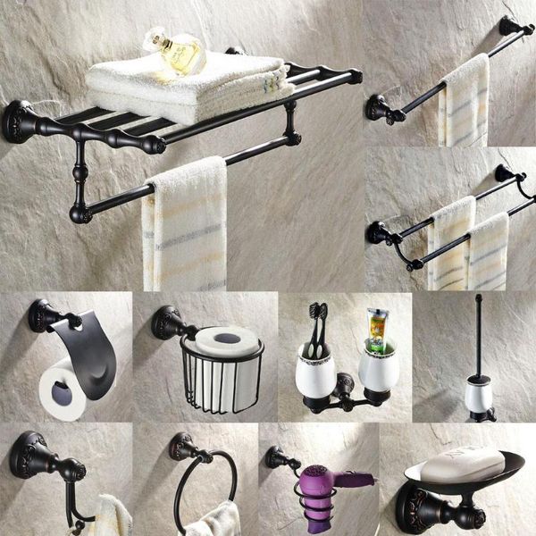 Juego de accesorios de baño, accesorios de baño, bronce frotado con aceite, toallero, barra, gancho para bata, accesorios de montaje en pared