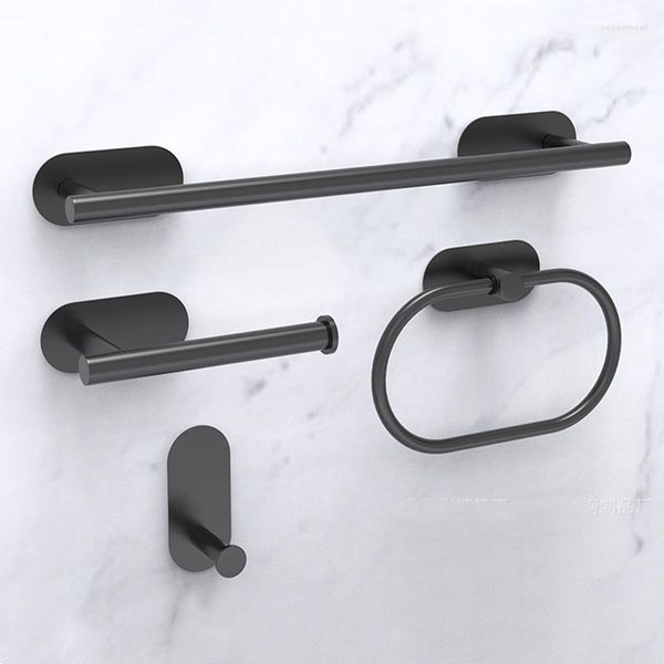 Juego de accesorios de baño, accesorios de baño, toallero de acero inoxidable, papel higiénico, estante de pared sin perforaciones, accesorios negros