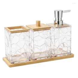 Ensemble d'accessoires de bain porte-brosse à dents avec plateau, distributeur de savon en bambou, boîte à coton-tige en acrylique transparent