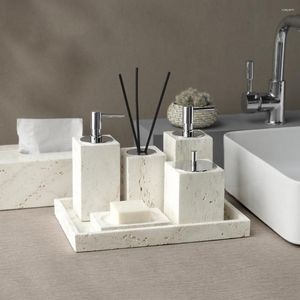 Beige Travertine Bathroom Accessory Set - Natural Marble Stone Soap Dispenser, Toothbrush Holder, Tray, Tissue Box