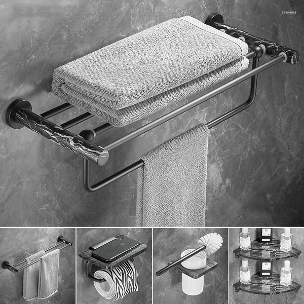 Ensemble d'accessoires de bain Accessoires de salle de bain en marbre noir en aluminium Porte-serviettes / Barre de papier / Porte-brosse de toilette Étagère d'angle