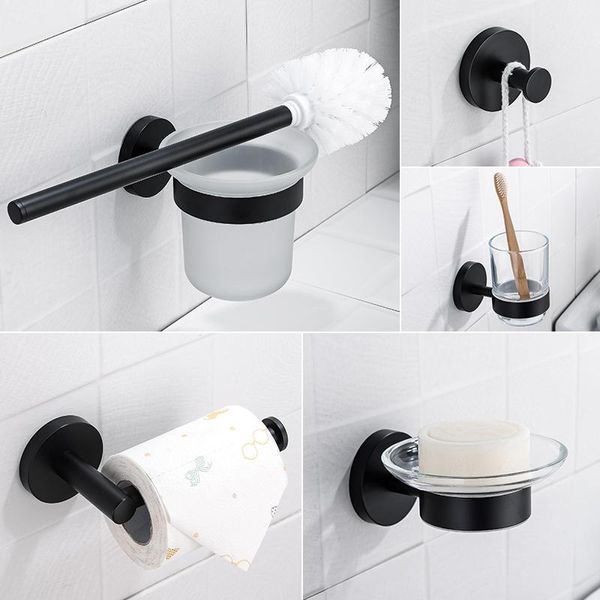 Ensemble d'accessoires de bain noir accessoires de salle de bain en acier inoxydable crochet de Robe porte-papier brosse à dents brosse de toilette savon