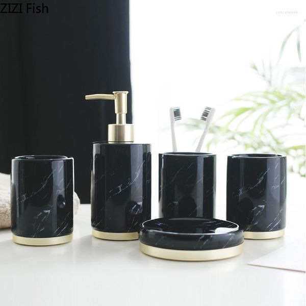 Bath Accessory Set Black Marble Match Ceramics Bathroom 5 Pieds haut de gouttes Boucle de lavage Brosse de lavage Brosse créative Kit créatif