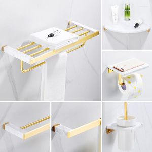 Badaccessoireset Brass Marmeren handdoek Rek/Bar Toiletborstel Tissue Holder Hoek Plank Rij Haak Wit Gouden Badkamer Hardware