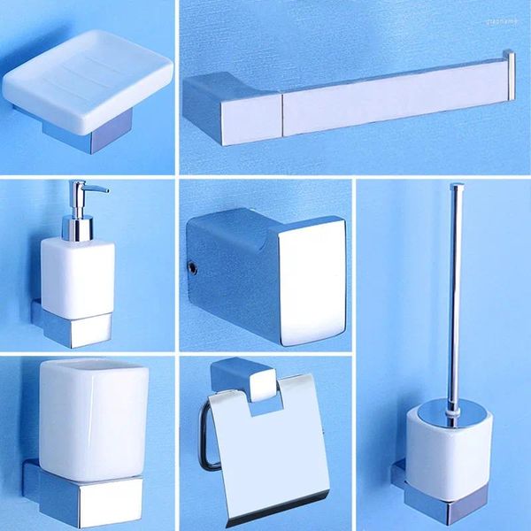 Juego de accesorios de baño, accesorios de baño de latón, dispensador de jabón líquido de cerámica, soporte de papel higiénico cromado, toallero, cepillo para WC, ganchos para bata