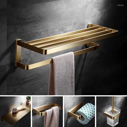 Badaccessoire set geborsteld gouden badkamer hardware soild messing handdoek/papieren rek/ring tissue/toiletborstel haar droger houder plank haken