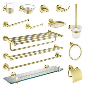 Juego de accesorios de baño Accesorios de baño de oro cepillado Toallero Cepillo de baño Portarrollos de papel Toallero Gancho para barra Jabonera Hardware de baño Estante de pared 230920