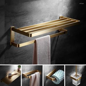 Badaccessoire set geborsteld gouden badkamer hardware soild messing handdoek/papieren rek/ring tissue/toiletborstel haar droger houder plank haken