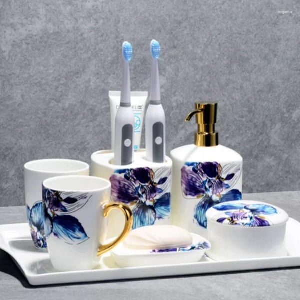 Ensemble d'accessoires de bain, accessoires de salle de bain en céramique, tasse de bain de bouche, boîte à bijoux, équipement de rangement essentiel pour le tourisme, porte-brosse à dents