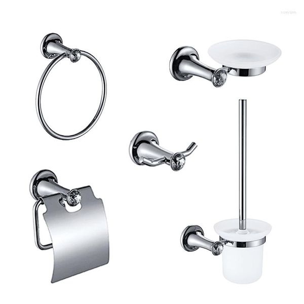 Juego de accesorios para baño, soporte para pañuelos de papel de cristal cromado de lujo, anillo para toalla, gancho para bata, cepillo de baño, accesorios para jabonera