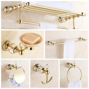 Juego de accesorios de baño Juegos de accesorios de baño de cobre Soporte de papel higiénico de cristal con acabado dorado moderno/portavasos/toallero/gancho para bata/jabón