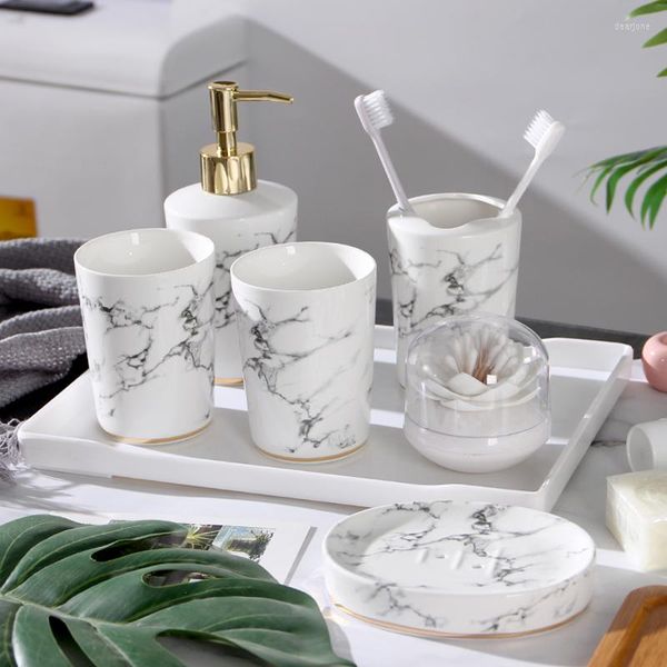 Juego de accesorios de baño Cerámica creativa Botella de loción de cinco piezas Taza de enjuague bucal Jabonera Patrón de mármol para el hogar Decoración de baño Adornos