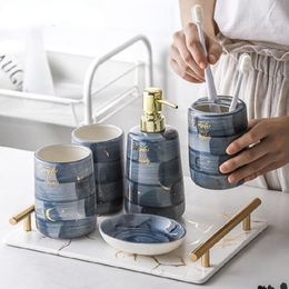Bath Accessoire Set Creative Marble Ceramics Vijfkoppige badkamer toiletaccessoires sets tandenborstel houder mondwater beker shampoo dispenser