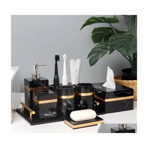 Badaccessoire set creativiteit marmeren textuur douche accessoires Europees moderne huizen toilet gouden slag zwarte tandenborstelhouder dhpoe