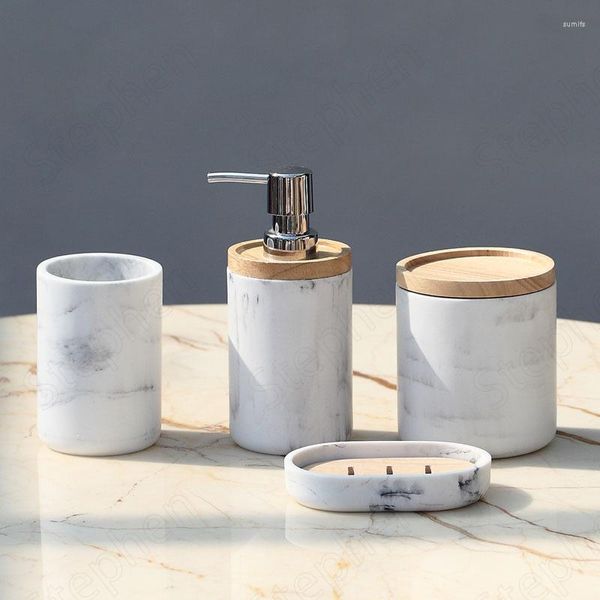 Juego de accesorios de baño Creatividad Textura de mármol Resina Accesorios de baño Baño moderno europeo Soporte para cepillo de dientes con tapa Decoración del hogar