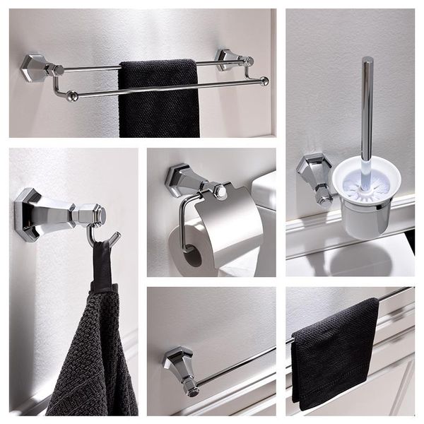 Juego de accesorios de baño Estilo europeo Accesorios de baño Colgante Acabado en cromo Latón macizo Gancho para bata Accesorios Toallero Jabonera Titulares 9Ba