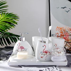 Bath Accessoire Set Flamingo Badkamer Zesdelig Set-Ceramic paar Wash van huishoudelijke decor Gift- Soep Box-ToothBrush Holder L L