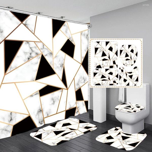 Ensemble d'accessoires de bain, rideau de douche en marbre craquelé doré géométrique, tapis lavable et antidérapant, housse de siège de toilette, décoration d'intérieur moderne