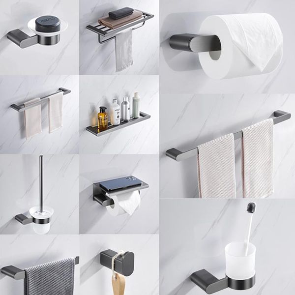 Juego de accesorios de baño Gunmetal Gun Negro Gris Accesorios de baño Portaescobillas Colgador de barra de toalla doble Estante de papel Gancho para bata Juego de vasos de baño