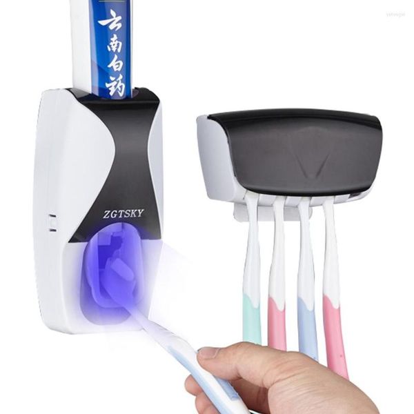 Juego de accesorios para baño, dispensador de pasta de dientes Manos libres con soporte para cepillo de dientes, exprimidor automático montado en la pared para niños y adultos