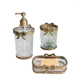 Badaccessoireset Handgemaakt messing met glazen vintage boog badkamer driedelige wasbeker zeepdoos gelukkige benodigdheden douche accessoires