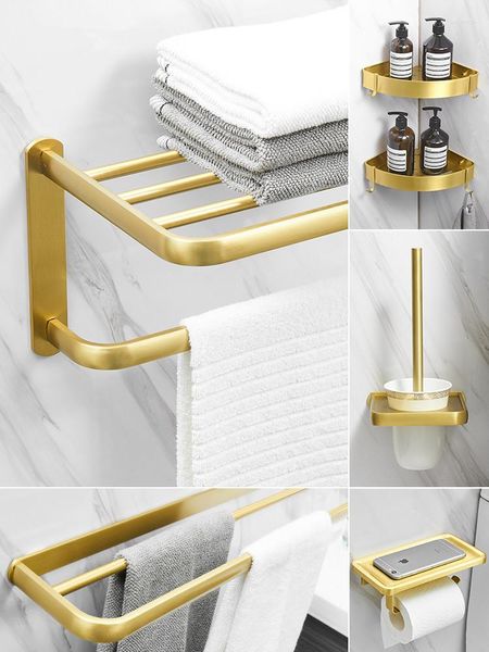 Ensemble d'accessoires de bain matériel brossé or aluminium luxe porte-serviettes barre coin étagère porte-papier toilette brosse clou perforé