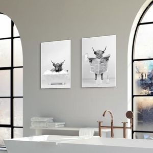 Juego de accesorios de baño, pintura de vaca de las tierras altas, decoración de pared, cuadro de lienzo colgante, adorno de baño, cuadros para el hogar, pinturas de animales divertidos para paredes